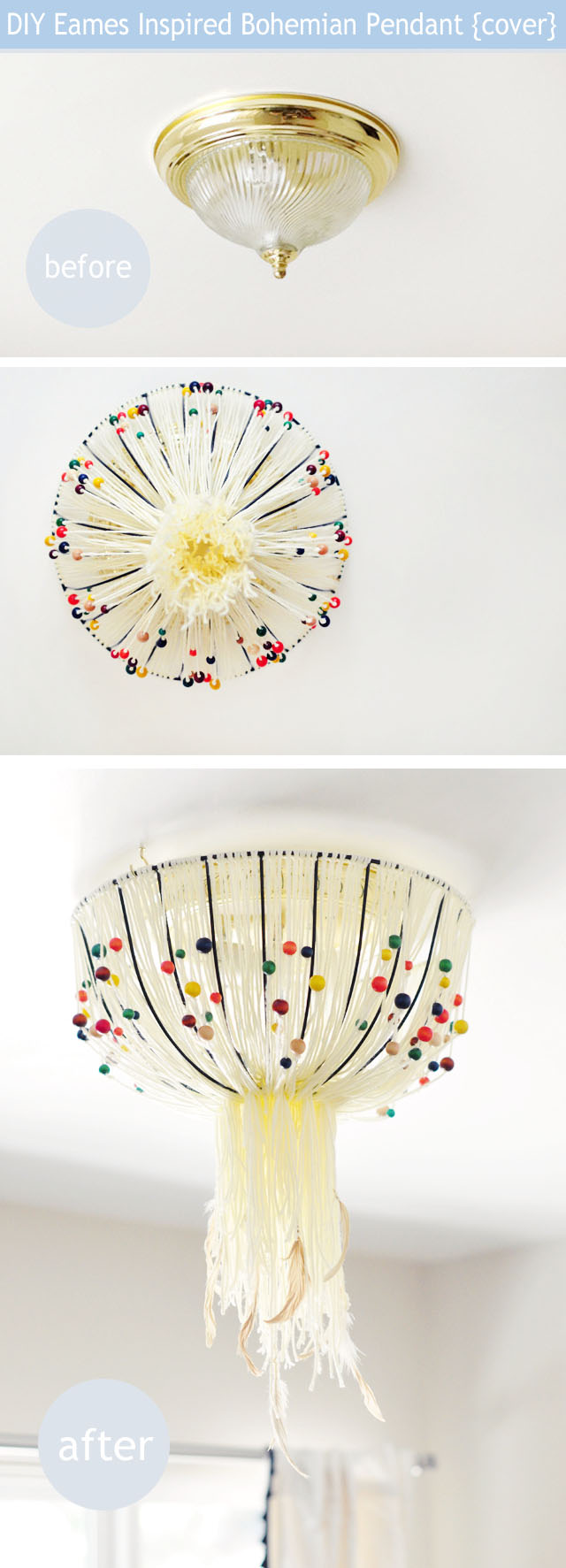 DIY ceiling light fixture cover-eames bohemian beaded feathered lamp