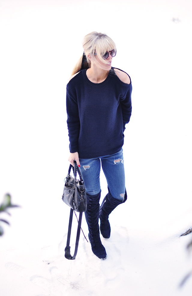 Sweater with cut out shoulders_ jeans_over the knee flat boots