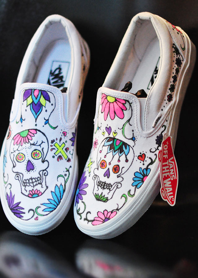 Custom Sugar Skull Day of the Dead vans slip ons