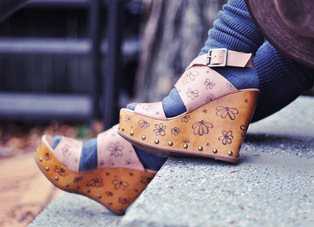 floral wedges with socks-70s wood wedges-90s